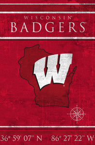 Wisconsin Badgers Coordinates Wood Sign - 17"x26"
