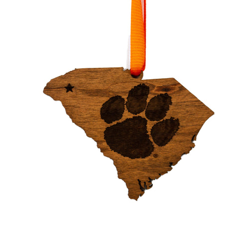 Clemson Tigers Ornament - State Map with Tiger Paw