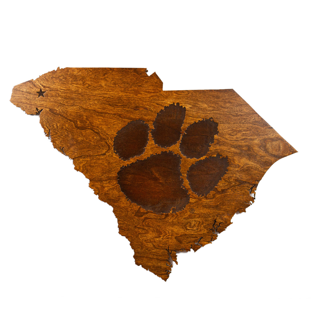 Clemson Tigers Wood Wall Hanging - State Map - Tiger Paw - Standard Size