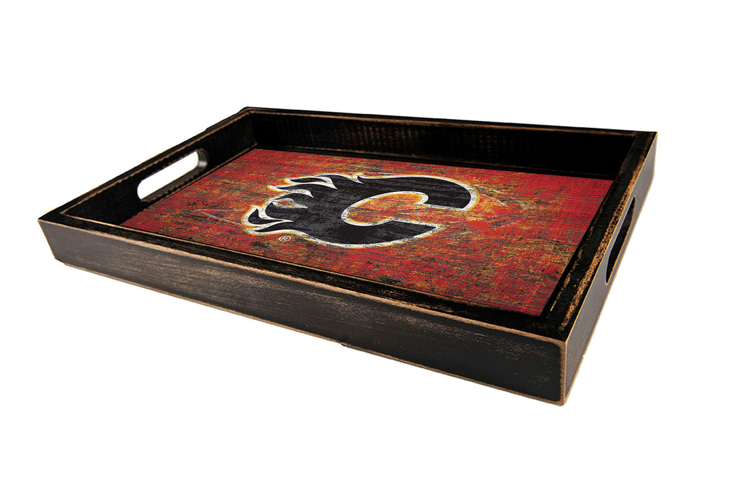 Calgary Flames Distressed Team Color Wood Tray