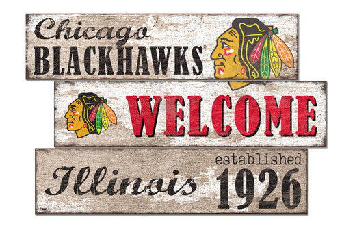 Chicago Blackhawks Welcome 3 Plank Wood Sign