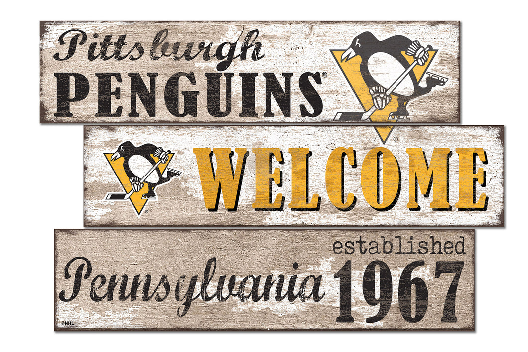 Pittsburgh Penguins Welcome 3 Plank Wood Sign