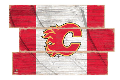 Calgary Flames Flag 3 Plank Wood Sign