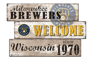 Milwaukee Brewers Welcome 3 Plank Wood Sign