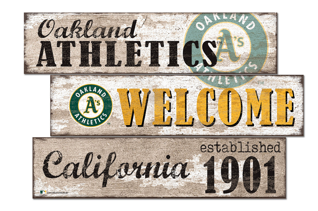Oakland Athletics Welcome 3 Plank Wood Sign