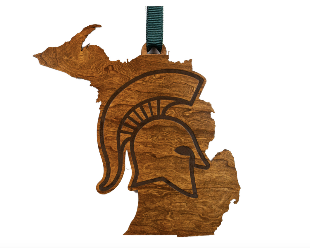Michigan State Spartans Wood Ornament With State Map