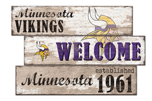 Minnesota Vikings Welcome 3 Plank Wood Sign