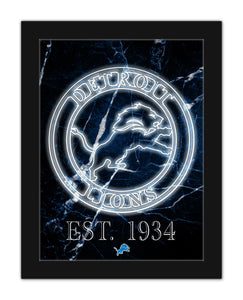 Detroit Lions Neon Circle Logo Framed - 12"x16"