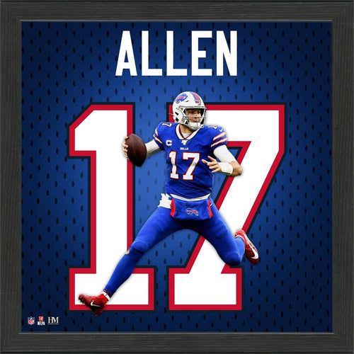This unique collectible frame features an action photo of Josh Allen of the Buffalo Bills super imposed on his respective jersey number. The printed art is delivered in a 13