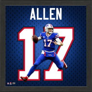 This unique collectible frame features an action photo of Josh Allen of the Buffalo Bills super imposed on his respective jersey number. The printed art is delivered in a 13"x13" wood frame under glass and ready to hang. Officially Licensed by the NFL and