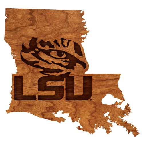 LSU Tigers Wood Wall Hanging - State Map - Tiger Eye - Large Size