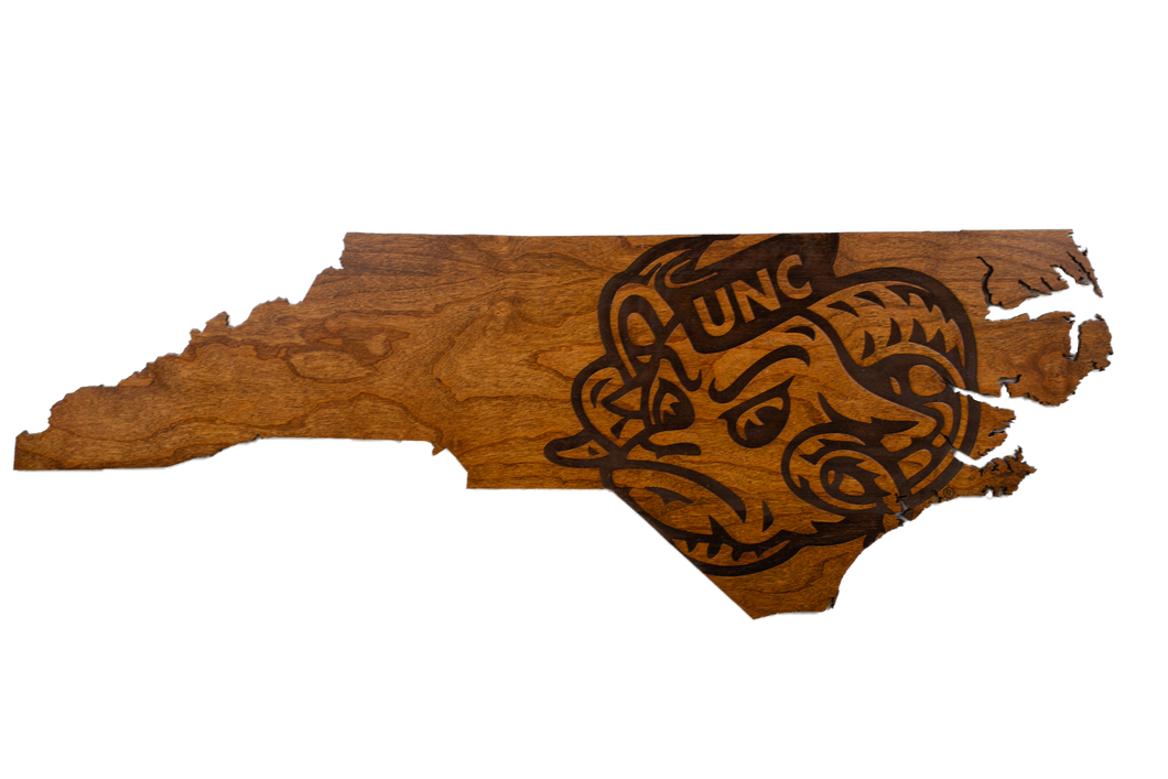 North Carolina Tar Heels Wood Wall Hanging - State Map - Rameses Head - Large Size