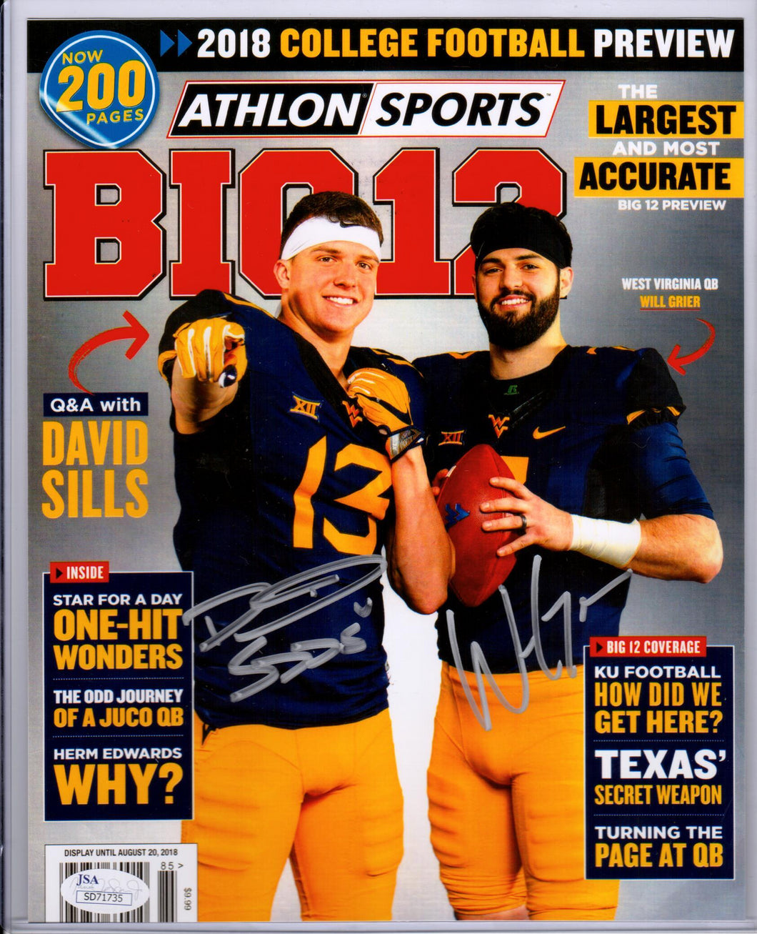 David Sills V & Will Grier West Virginia Mountaineers Dual Signed Athlon Cover