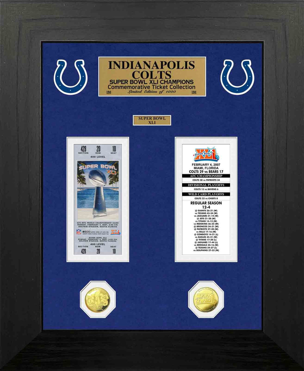 Indianapolis Colts Super Bowl 41 Deluxe Ticket and Game Coin Collection Framed
