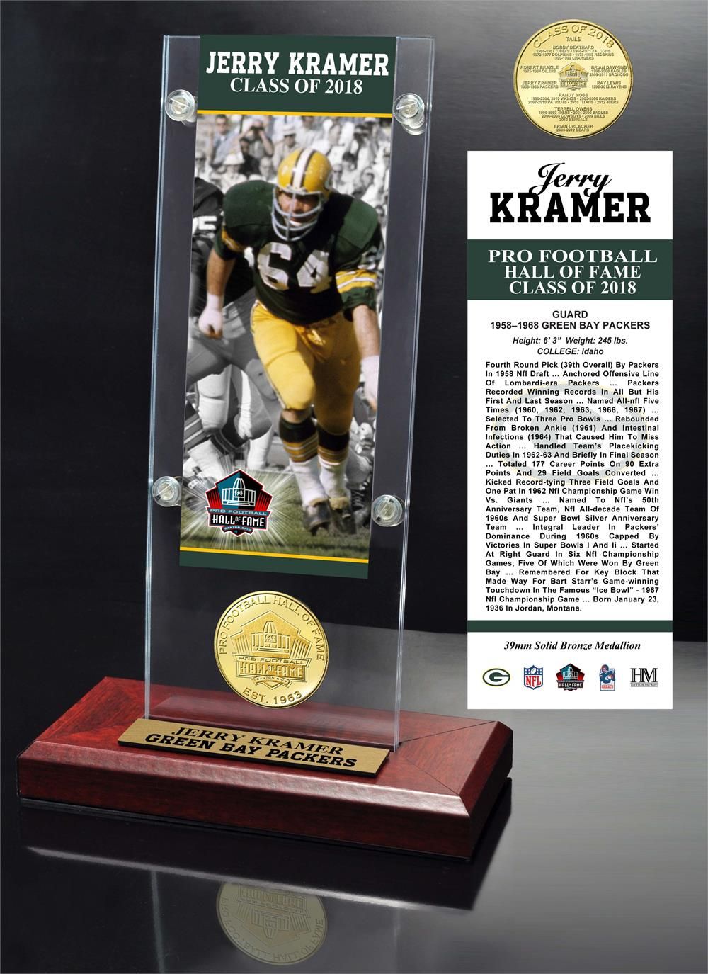 Jerry Kramer 2018 Pro Football HOF Induction Ticket & Bronze Coin Acrylic Desk Top