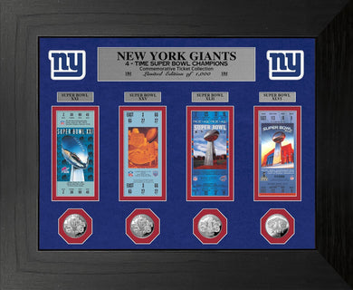 New York Giants 4-Time Deluxe Super Bowl Ticket and Game Coin Collection Framed