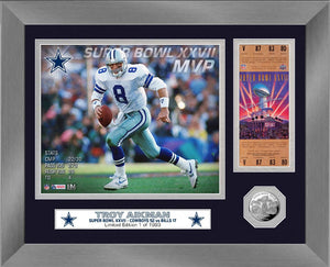 Troy Aikman Dallas Cowboys Super Bowl XXVII MVP Silver Coin Ticket Photo Mint