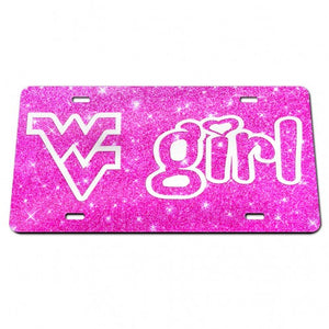 West Virginia Mountaineers WV Girl Pink Glitter Chrome License Plate
