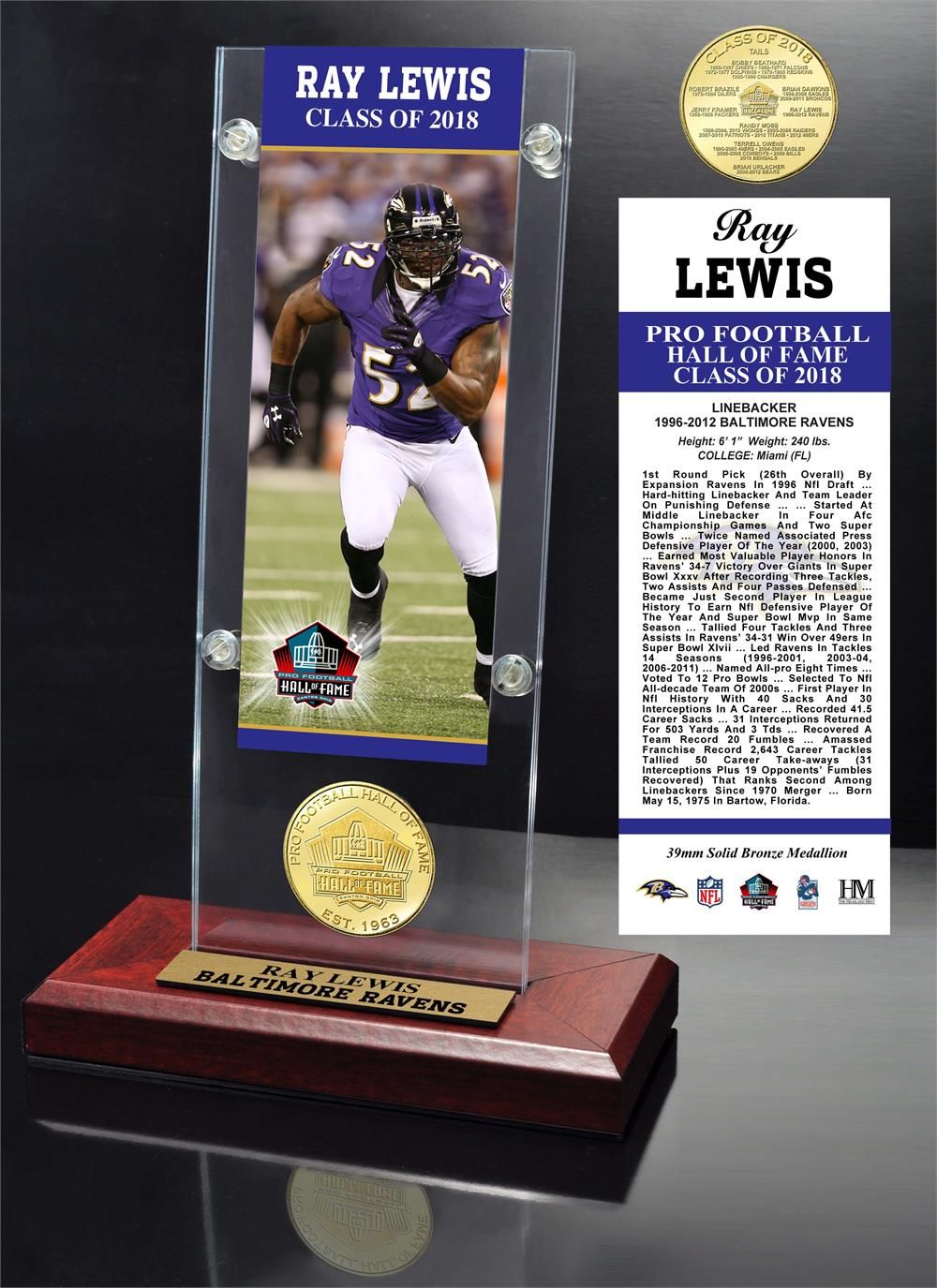 Ray Lewis Baltimore Ravens 2018 Pro Football HOF Induction Ticket & Bronze Coin Acrylic Desk Top